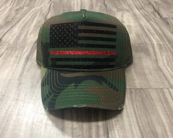 Thin Red Line American Flag Glitter Trucker Distressed Camo Trucker Hat Fourth Of July Hat Memorial Day Hat Patriotic Firefighter Fireman