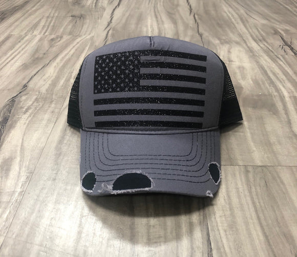 American Flag Glitter Trucker Distressed Gray Black Trucker Hat Fourth Of July Hat Memorial Day Hat Patriotic American Flag