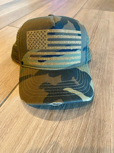 American Flag Glitter Trucker Distressed Camo Trucker Hat Fourth Of July Hat Memorial Day Hat Patriotic American Flag