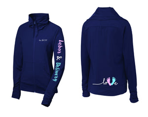 Labor and Delivery Jacket Script Labor and Delivery Pink and Blue Love Feet L&D Nurse Baby Nursing LST852 67