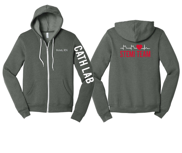 Stemi Team Cath Lab Bella Hoodie Zip Sponge Fleece Custom Embroidered Name Printed Sleeve and Back