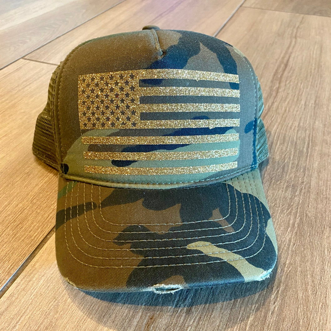 Camo Distressed American Flag Hat