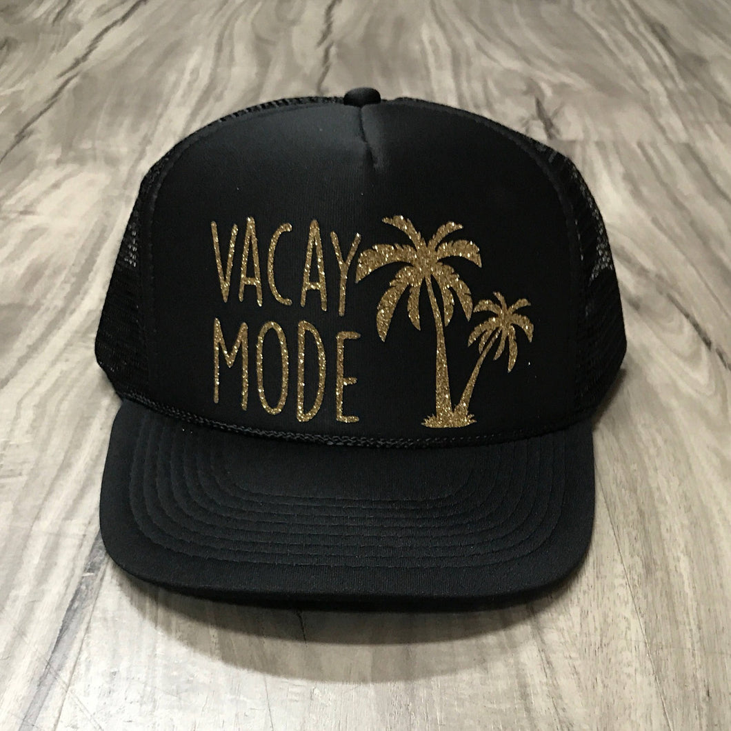 Vacay Mode Palm Trees Glitter Trucker Hat