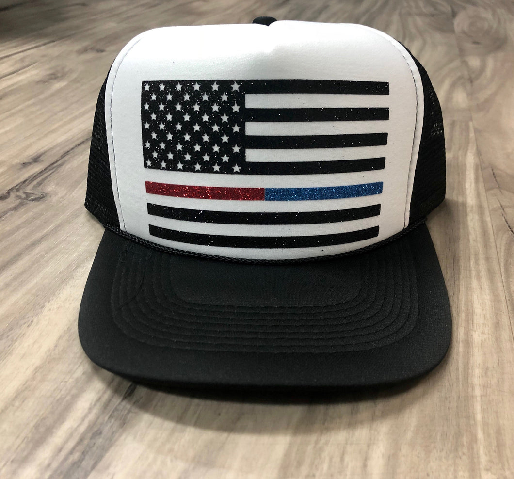 Thin Red Line & Thin Blue Line America Flag Trucker Hat