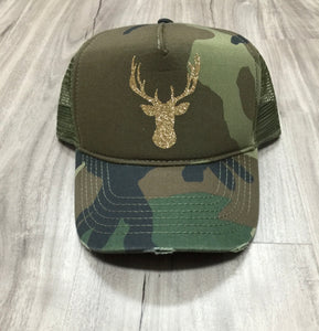 Deer Head Trucker Distressed Camo Hat