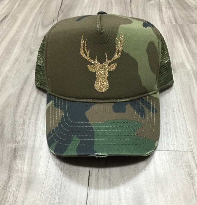 Deer Head Trucker Distressed Camo Hat
